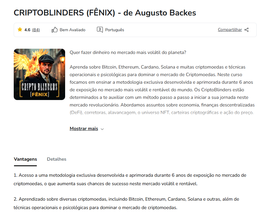 sobre o curso CRIPTOBLINDERS (FÊNIX) – de Augusto Backes, com um foco em cripto/bitcoin Qual o Melhor Curso